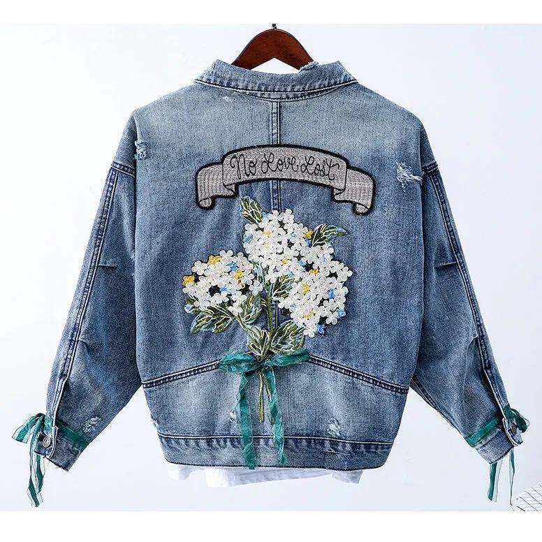 Spring Ladies Fashion Casual Embroidered Denim Jacket