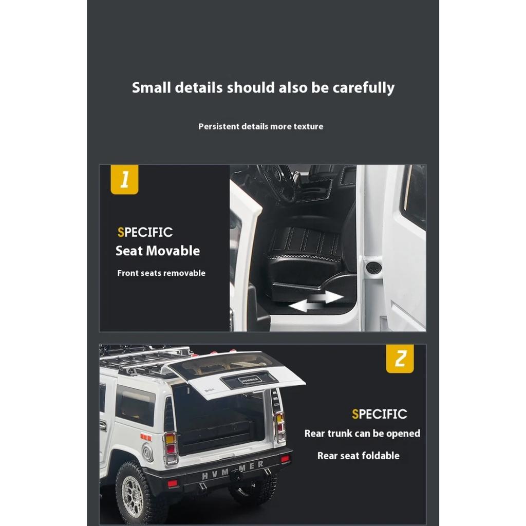 1/18 Scale Hummer H2 Alloy Off Road Car Diecast Metal Model Sound and Light Children Toy Collection of Hobby Decorative Fine Ornaments