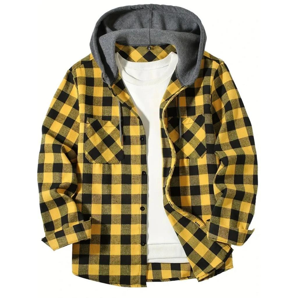 Men's Casual Long-Sleeve Loose-Fit Hooded Plaid Pocketed Shirt