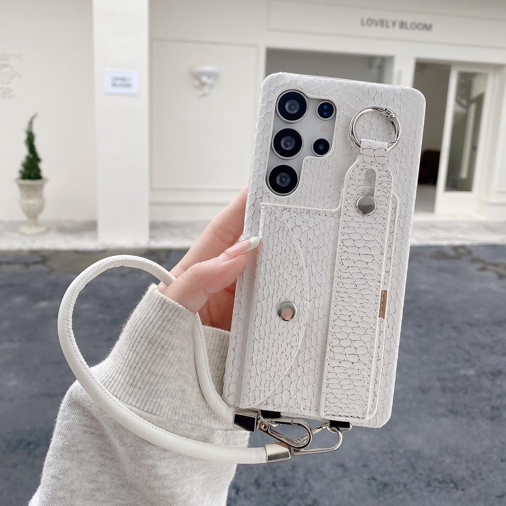 For Samsung Galaxy S24 Ultra Case Card Holder Wristband Lacquered Snake Texture PU + PC Back Cover with Lanyard