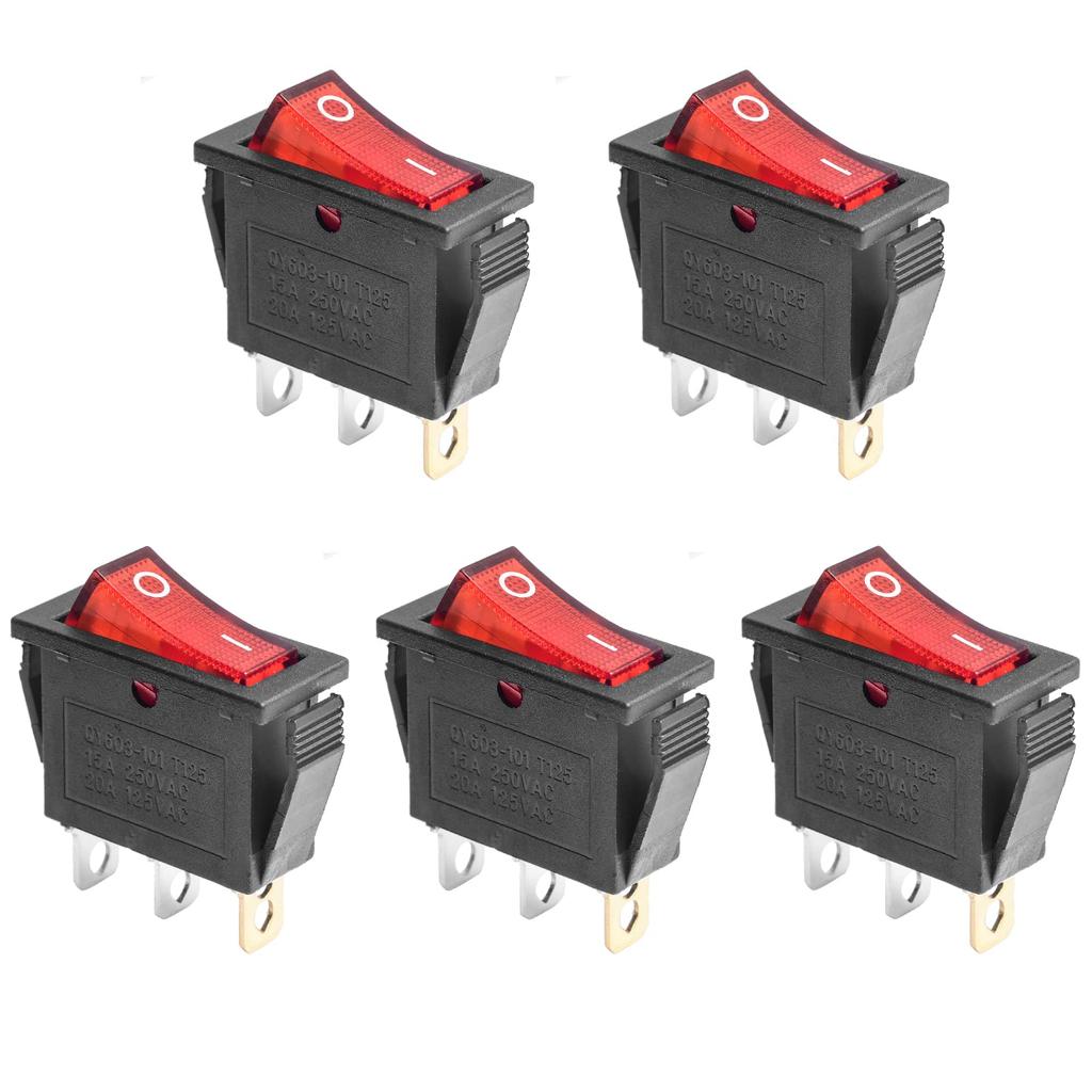 5Pcs AC 250V/15A, 125V/20A Red Illuminated LED On/Off SPST 3 Pin 2 Position Mini Marine Rocker Toggle Switch (Automotive Marine)