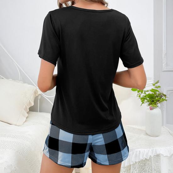 Women's Graphic Pajamas Sets Crew Neck Short Sleeve Top Plaid Shorts Sleepwear Set Summer Two-Piece Loungewear Outfit