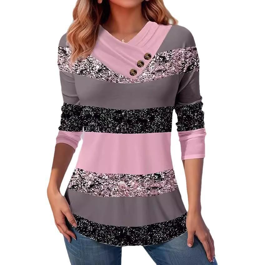 Модные женские повседневные топы с лоскутным узором, косой вырез, длинный рукав, полосатая футболка, длинный рукав, удобная и универсальная футболка для женщин