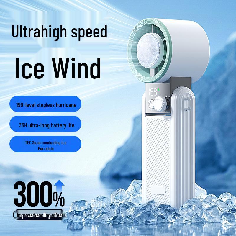 Portable USB Mini Fan with Digital Display, Long Battery Life, Foldable Design, and Strong Cooling for Outdoor Use.