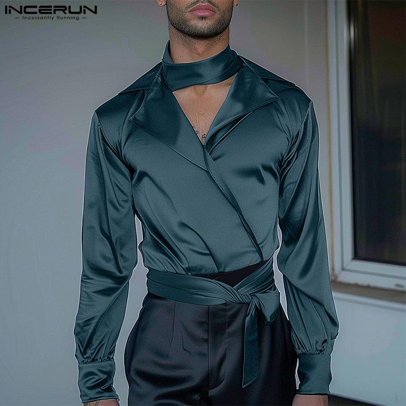 INCERUN Men V Neck Satin Shirts Solid Bandage Casual Party Tops