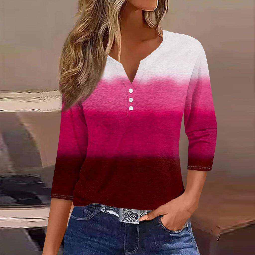 Жен. Футболка Футболка С принтом Пуговицы Рукав 3/4 Повседневные Выходные Мода Классический Классический V-образный вырез Обычный Верх