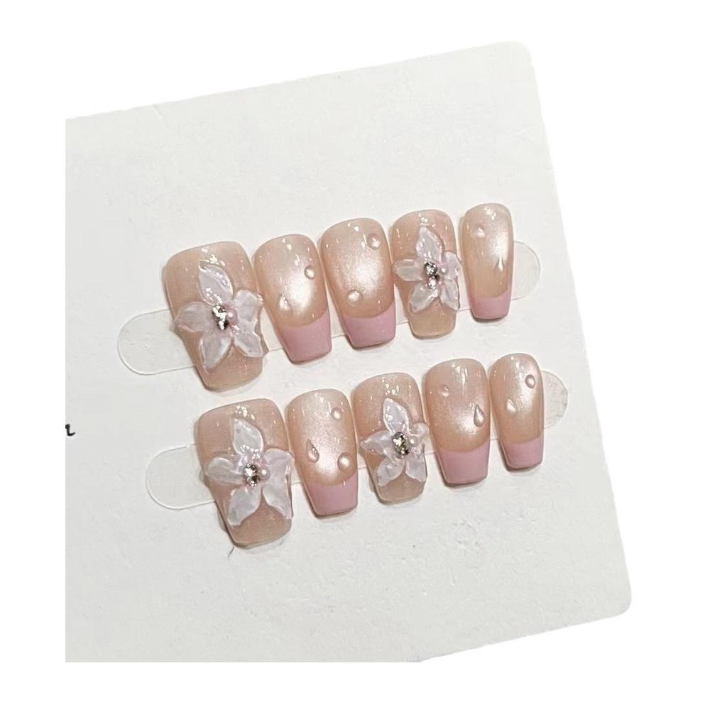 Hand-woven Armor High-end Pure French Light Bulb Cat Eye Fake Nail Patch Removable