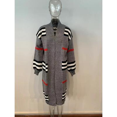 Осенне-зимний длинный кардиган в полоску, европейский, красивый женский вязаный женский кардиган-свитер