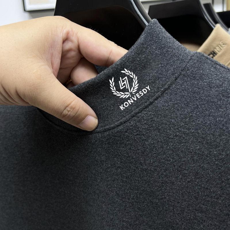 Autumn Winter Half Collar Solid Color Bottoming Tees Men Long Sleeve Add Velvet Casual Fashion T-shirt Male Pullover Top Homme