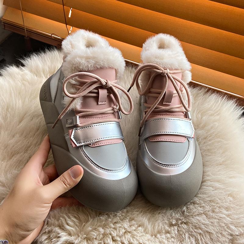 Мода Теплые Женские Туфли на Платформе Меховые Балетки Челси Ботильоны Зима 2024 Мода Новые Ботинки на Молнии Для Ходьбы Короткий Плюш Панк Снежные Боты