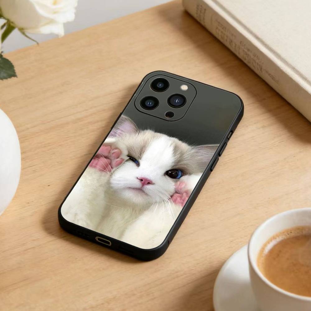 Забавный Милый Кот Чехол для Телефона Для iPhone 17 16 15 14 13 12 Max Plus Силиконовый Черный Чехол