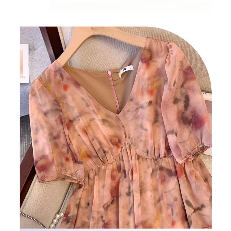 Plus Size Women's Summer New Vintage Style Floral Short Sleeved High Waisted Slimming Dress