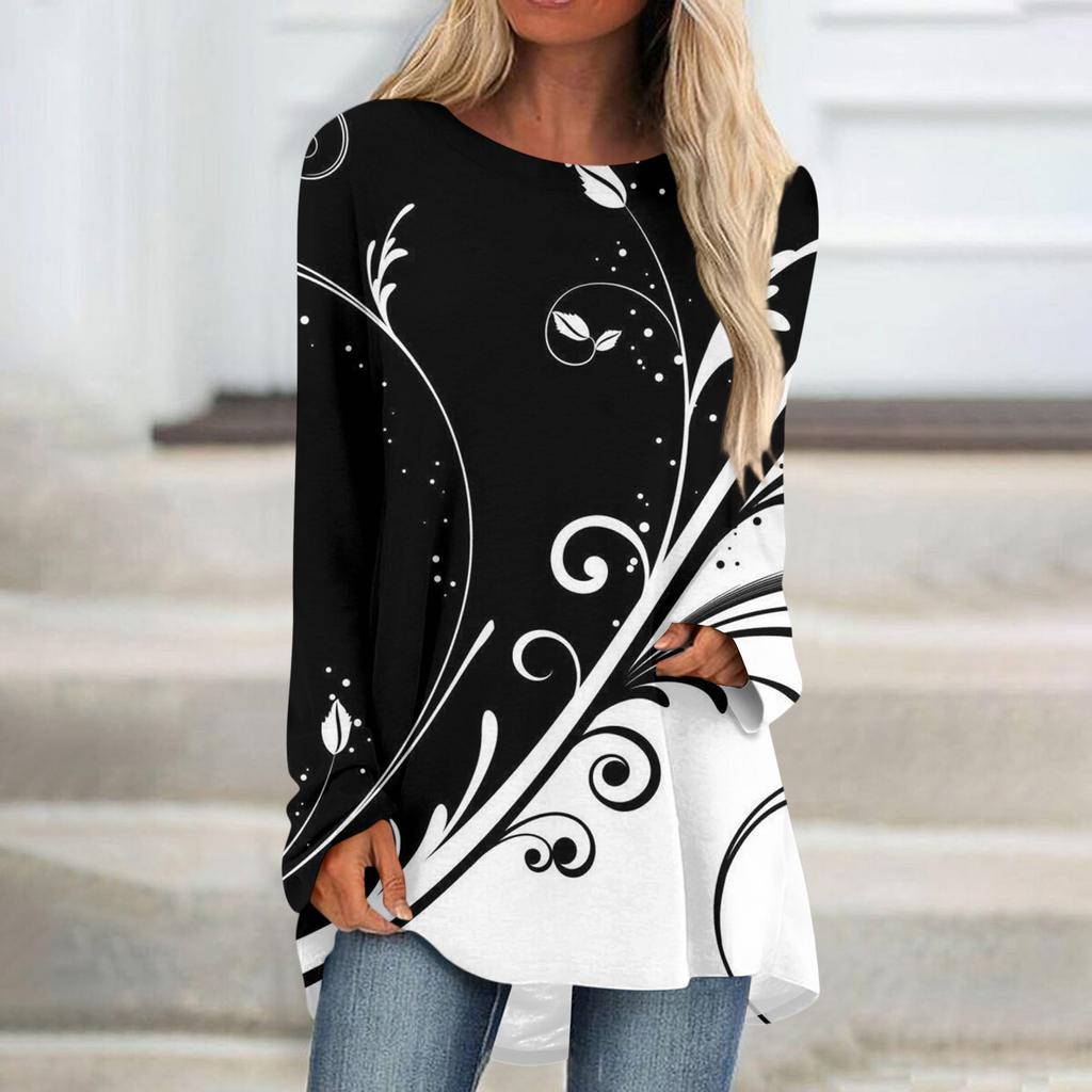 Women's Fashion Casual T-shirt Gradient Long Sleeve Round Neck Medium Long Top