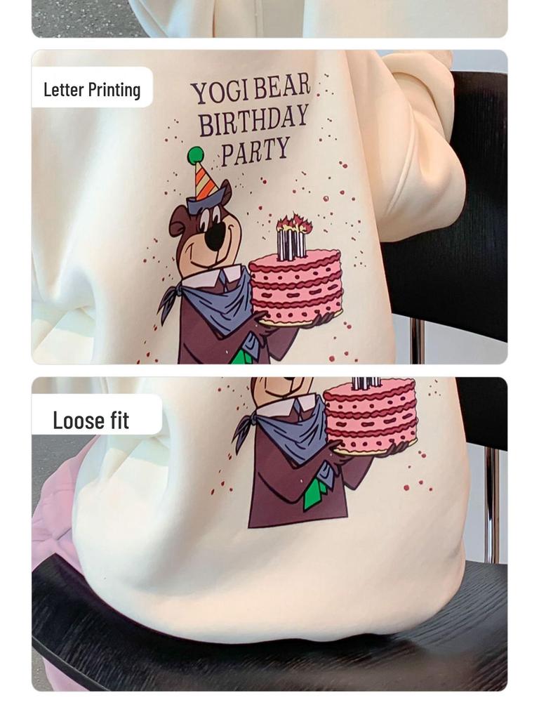 Худи с мультяшным медведем для девочек в корейском стиле 2025: Стильный бархатный топ на осень/зиму