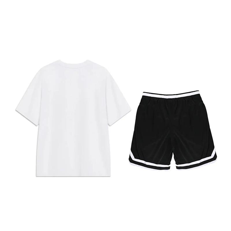 Li-Ning Round Neck Pullover Short Sleeve T-Shirt Versatile Loose Striped Shorts Casual Sports Suit Unisex Sets AHSU805-2+YAPV001-1