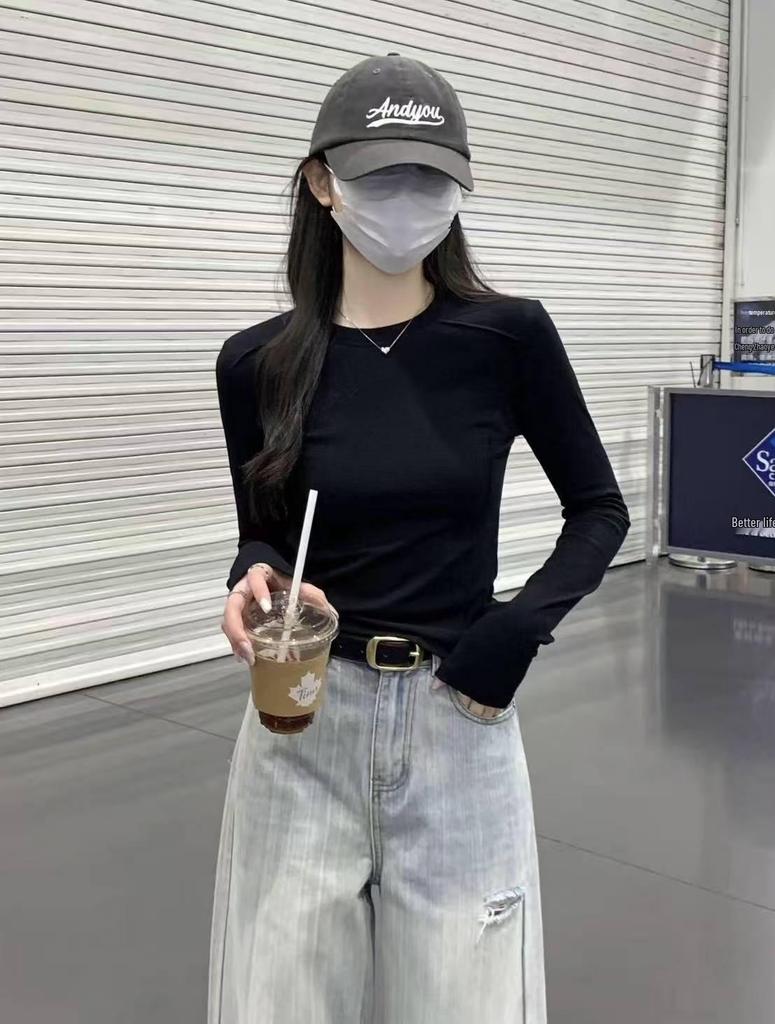 Женский топ с круглым вырезом, осенний, 2025, с косточками на плечах, приталенный, с длинным рукавом