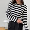 Women Tops Round Neck Long Sleeve Striped Print Sweater Loose Fit Stretchy Retro Knitting Tops Daily Wear