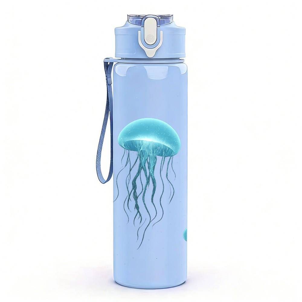 1PC Transparent Blue Jellyfish Underwater Ocean Print 750ml Color Plastic Sports Water Bottle Leakproof Flip Straw Lid Suitable for Sports Office Use