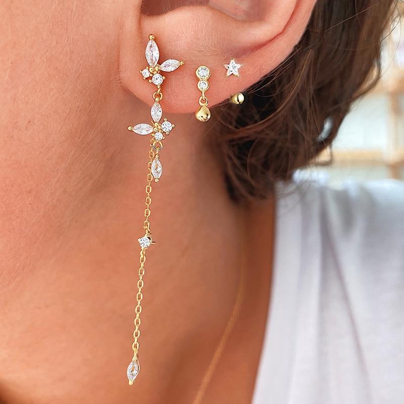 2 шт., висячие серьги на цепочке с кисточками из нержавеющей стали и цирконом для женщин, модные серьги золотого цвета с подвесками-бабочками, ювелирные изделия для пирсинга