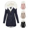 Women Winter Cotton Coat Plus Size Faux Fur Hood Fleece-lined Zip-up Press Button Closure Jacket Windproof Mid Length Slim Fit Outerwear