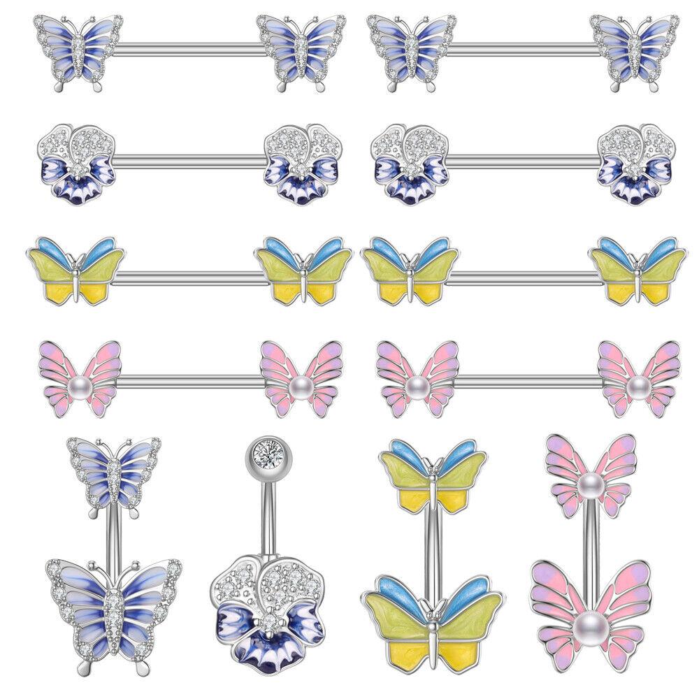 3PCS 14G Stainless Steel Butterfly Nipplerings Nipple Tongue Belly Button Rings CZ Opal Barbell Body Piercing Jewelry