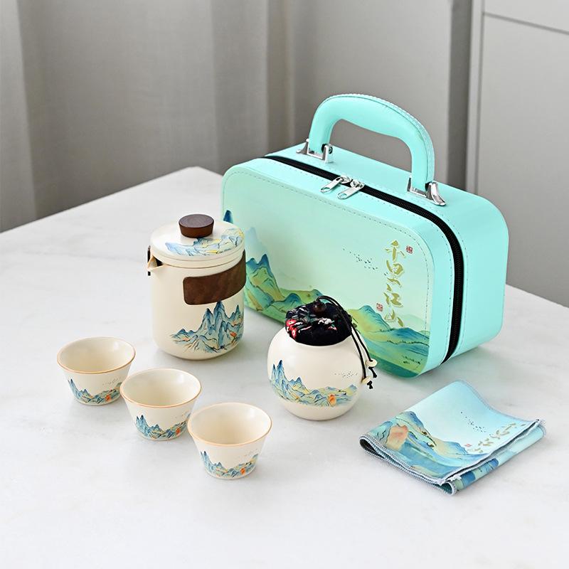 Travel tea set portable ceramic kung fu outdoor express cup thousand miles of Jiangshan set of merchandise gifts