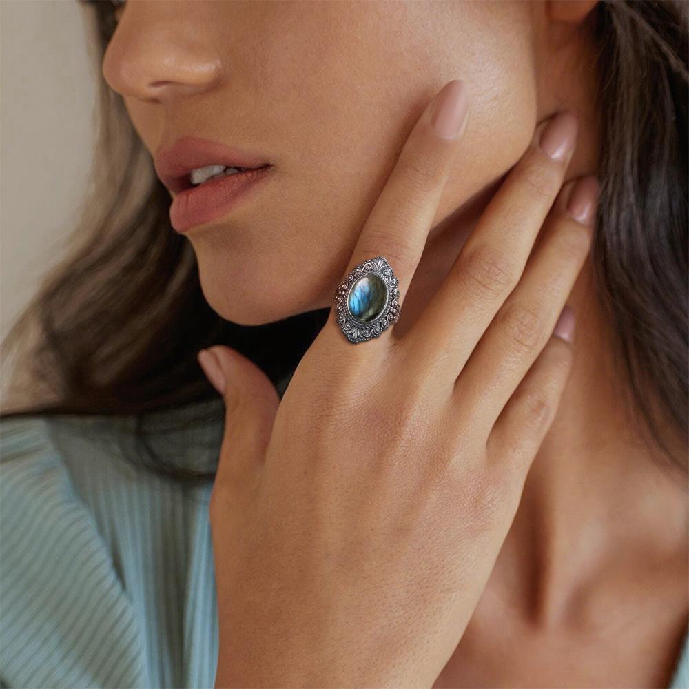 Винтажное Серебряное Кольцо Овальное Натуральный Лабрадорит Кольца На Палец Ретро Черный Оникс Тонкие Ювелирные Изделия Вечеринка Для Женщин Мужчин