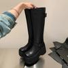 Shoes for Women Knee-High Boots Platform Wedges Boots Gothic Woman's Belt Buckle Round Toe Side Zip Black