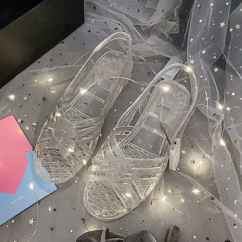 Sandals for Women with Low Heels Footwear Plastic Ladies Shoes Crystal Summer 2024 Outdoor Jelly Pvc Trend Korea On Offer Casual