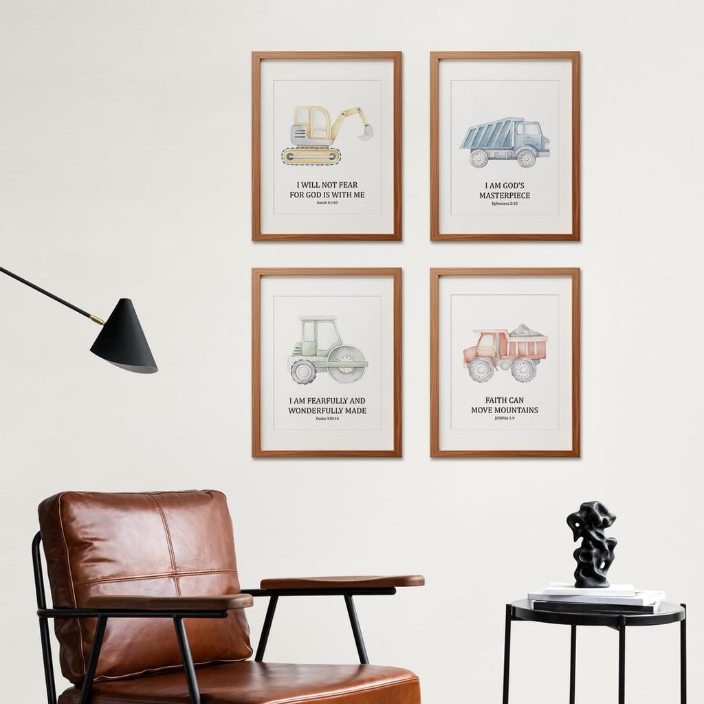 ETVISO Toddler Boy Room Decor Set of 4, Kids Wall Art pirational Bible Verse Wall Decor, Tool Car Poster for Baby Boys Kids Room Bedroom Playroom