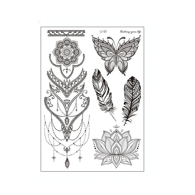 Мандала цветок временные татуировки наклейки ключицы руки назад тела ретро черные одноразовые поддельные татуировки водостойкие для сексуальных женщин