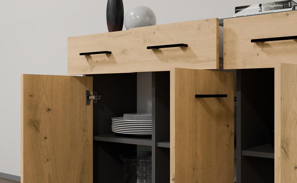 Komoda Simplo 3D3S Szafka 109 Cm 3 Drzwi 3 Szuflady Antracyt Dąb Artisan