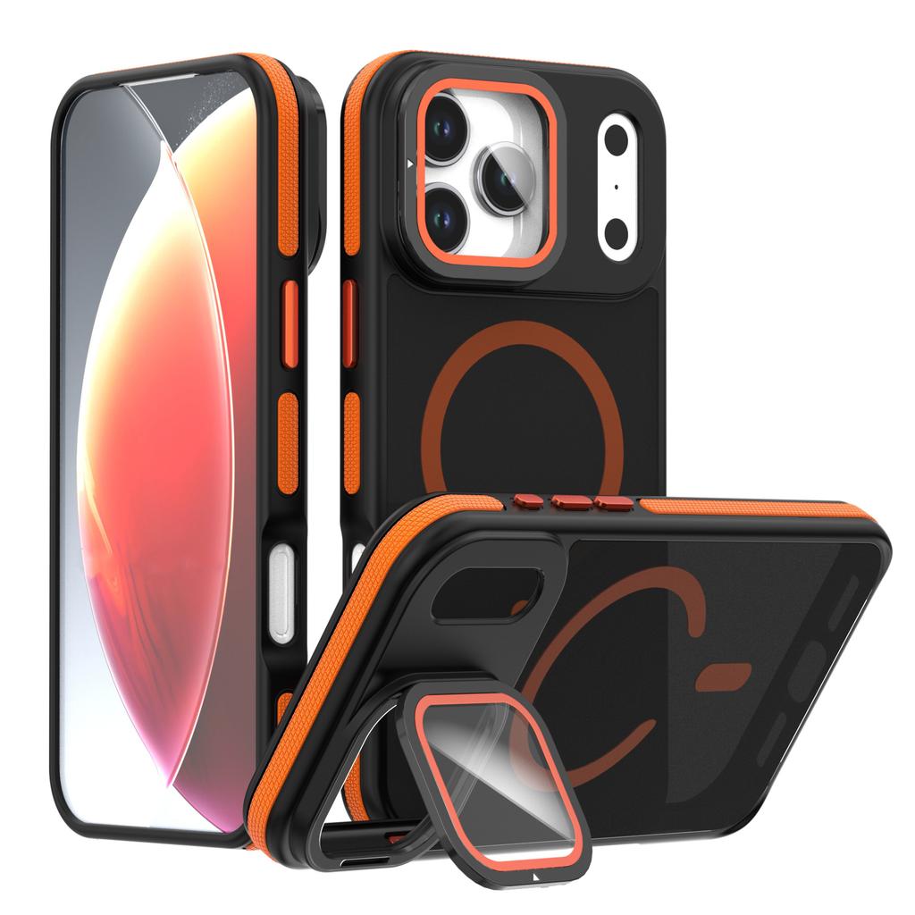 For iPhone 17 Pro Magnetic Case Skin-Touch TPU Acrylic Phone Back Cover with Lens Protector Kickstand