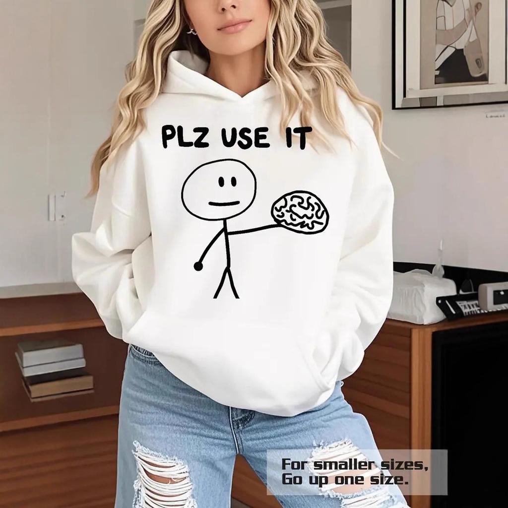 Ladies Spring Autumn Casual Hooded Long Sleeve PLZ USE IT Letter Printed Pullover Hoodies Sweatshirt Top