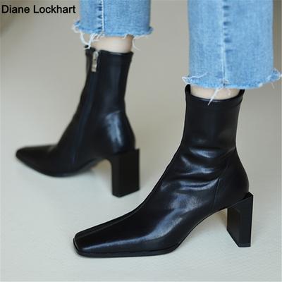 Мода 2025 Новые Весна Осень Коровья кожа Ретро Квадратный носок Молния Высокий каблук Ботильоны Квадратный каблук На каждый день Женская обувь Зеленый 33-40