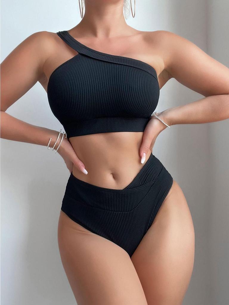 2024 Solid Color Ribbed One-Shoulder High-Waisted Bikini Swimwear