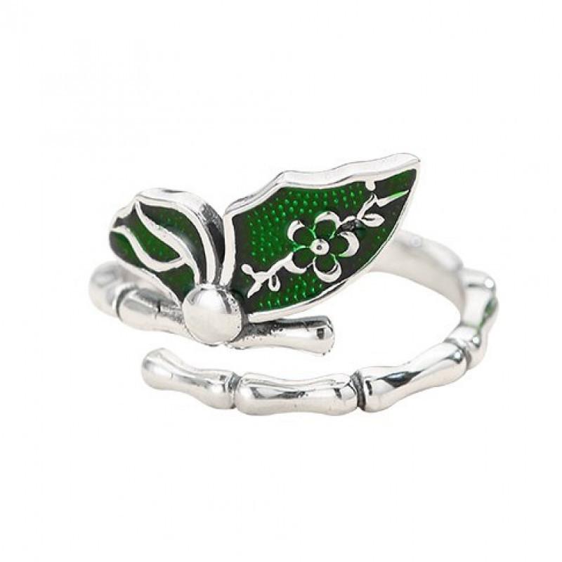 Adjustable Vintage Enamel Bamboo Leaf Butterfly Ring Women Men Minimalist Boho Statement Finger