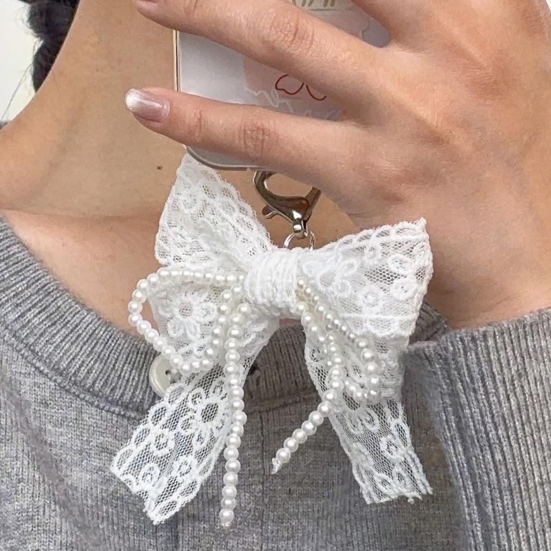 Korean Cute Lace Bow Pearl Beaded Phone Pendant Chain Accessories Aesthetic Ballet Shoes Camera Bag Decoration Keychain Gift