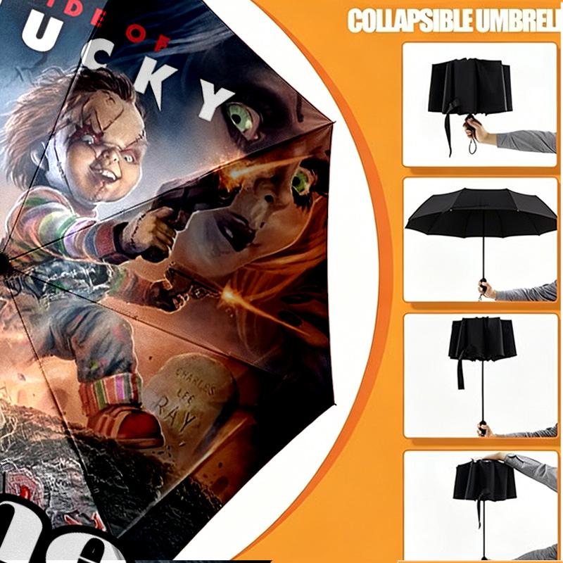 Custom Name Personalized Bride of Chucky Print Umbrella, Auto Open Close, 8‑Rib Sturdy Frame, Commute Camping Hiking Use, Birthday Gift