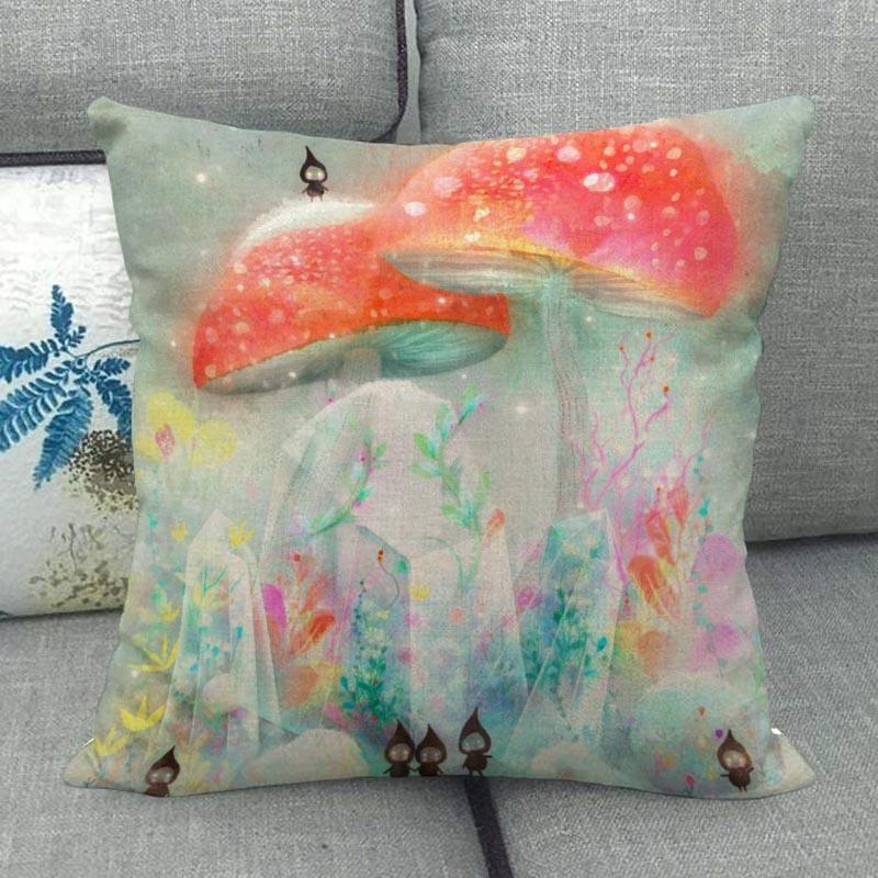 45X45см Наволочка с грибным артом Квадратная на молнии Хлопково-льняные наволочки Спальня Дом Офис Декоративная наволочка WJY12.25