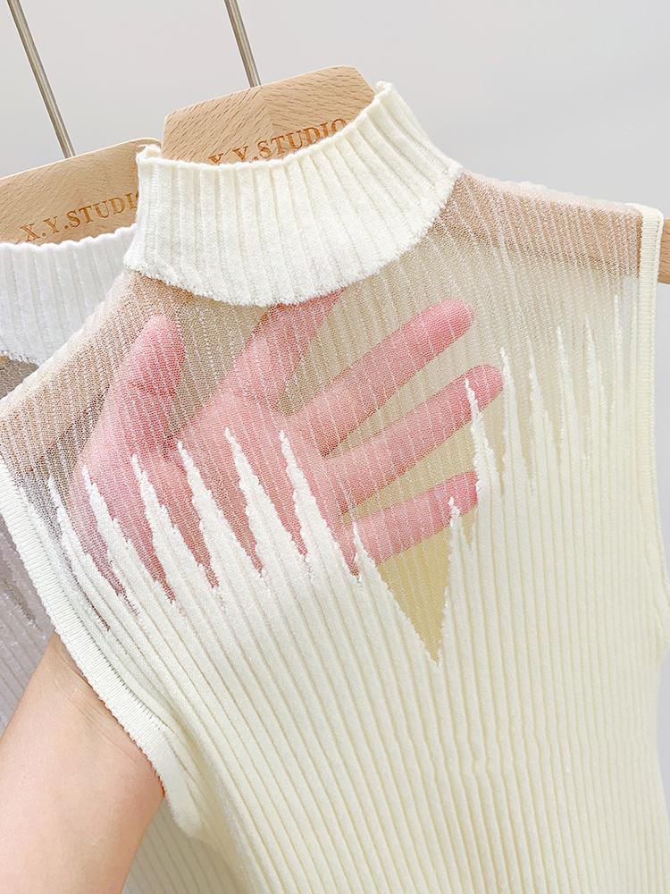 Сетчатый трикотажный топ для женщин Y2K, майка с полуворотником, жилет для женщин, без рукавов, шикарный уличный стиль с вырезами, однотонный облегающий белый топ-труба