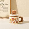 Cartoon Doodle Ceramic Cup with Lid for Girls Birthday Gift Couple Water Cup High Looking Animal Mug for Girlfriend