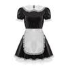 Women's Wet Look Leather French Maid Cosplay Costume Puff Sleeve Party Mini Dress