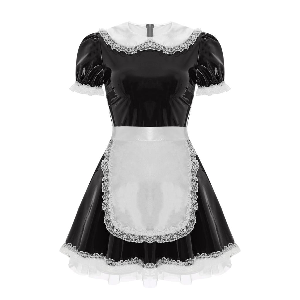 Women's Wet Look Leather French Maid Cosplay Costume Puff Sleeve Party Mini Dress