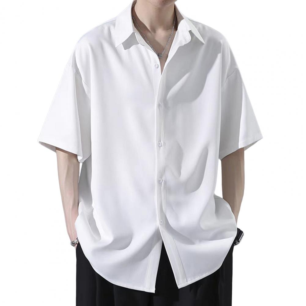 Men Spring Top Men's Casual Loose Fit Ice Silk Shirt with Turn-down Collar Half Sleeves Stylish Button-up Top for School Dating
