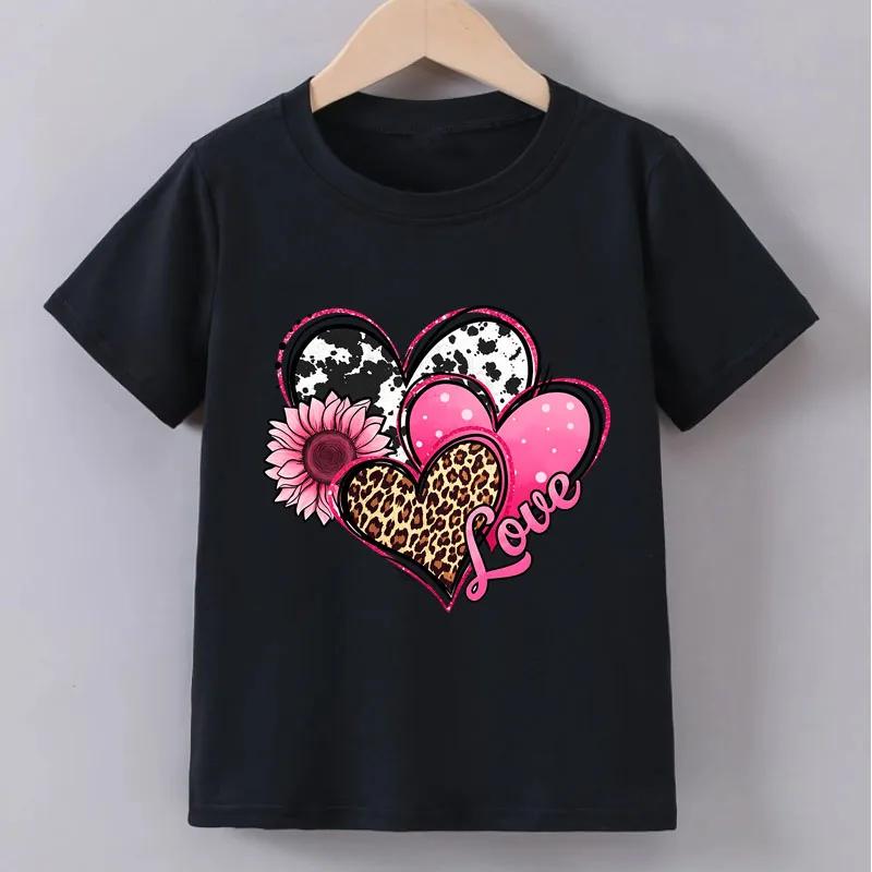 Love Heart Print T-shirts for Girls Summer Children Casual Fashion Funny Cute Colorful Comfortable Tops