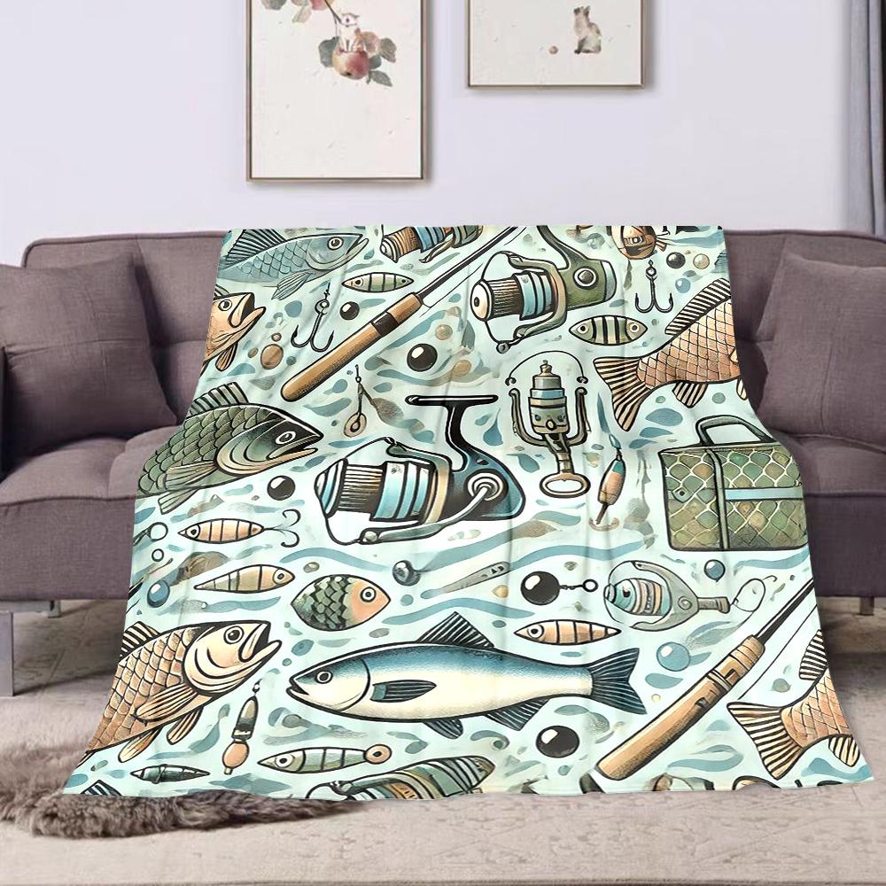 Soft Fleece Blanket Fishing Tackle Rods Reels Hooks Fish Allover Vintage Nautical Pattern for Fisherman Cabin Decor Gift