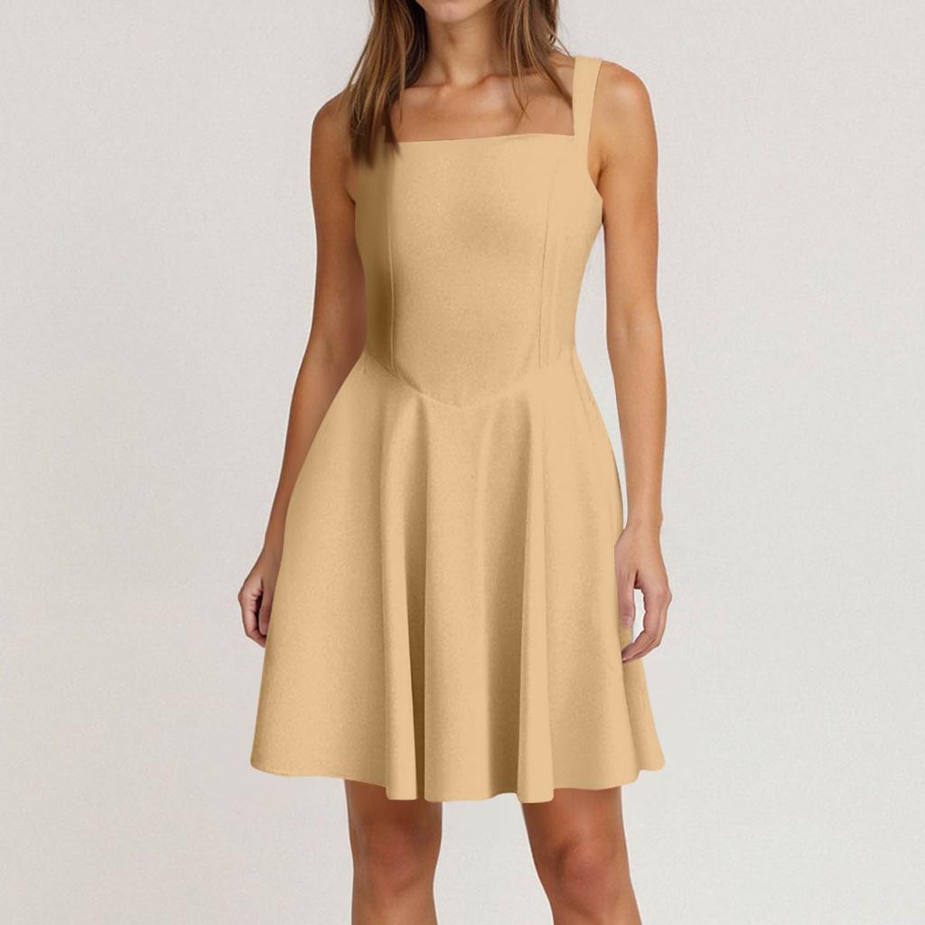 Women's Spring Summer Casual Square Neck Solid Colour Dress Sleeveless Dresses