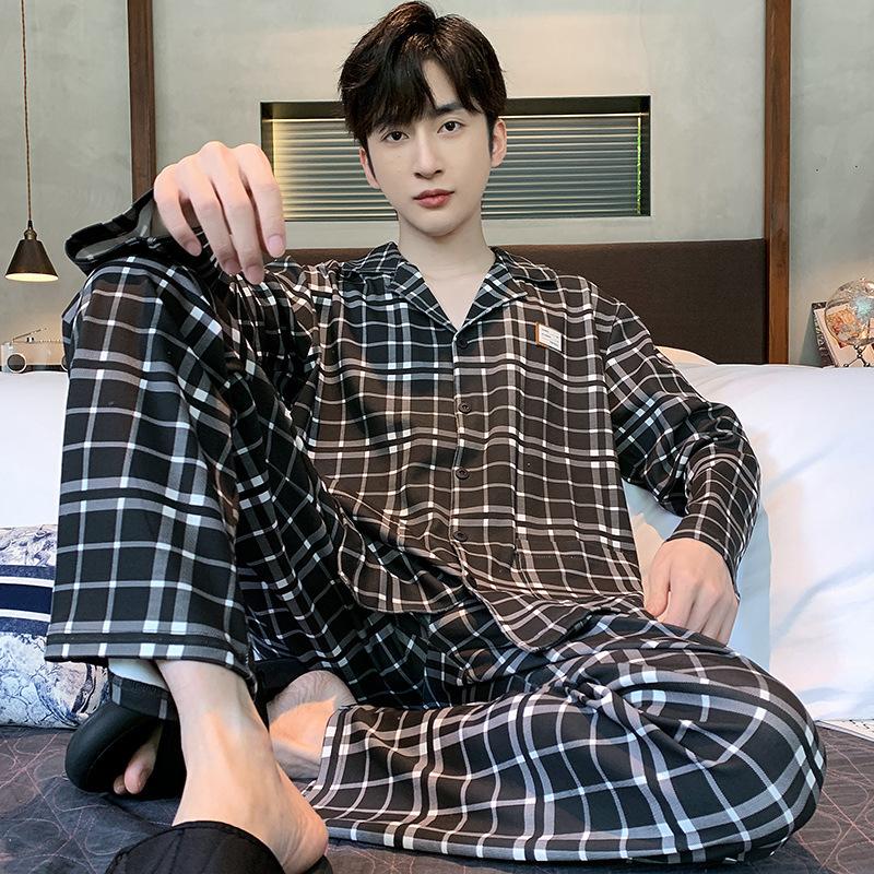 Хлопковая мужская пижама весна-осень с длинными рукавами ночная рубашка новый кардиган в клетку домашняя одежда для сна одежда для отдыха