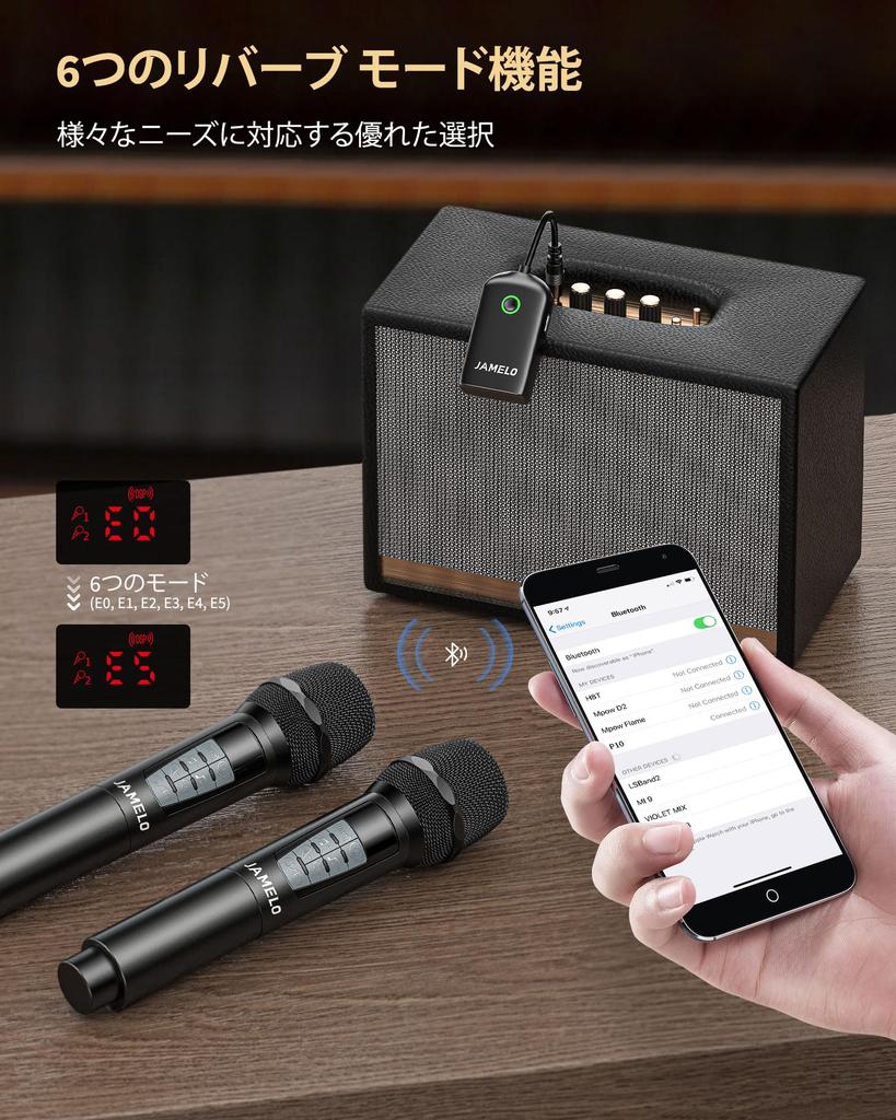 Беспроводной микрофон JAMELO, Перезаряжаемый динамический микрофон, 2,4 ГГц, 6 режимов реверберации, 3,5 мм приемник, Высококачественный звук, 18" выход, для усилителей,